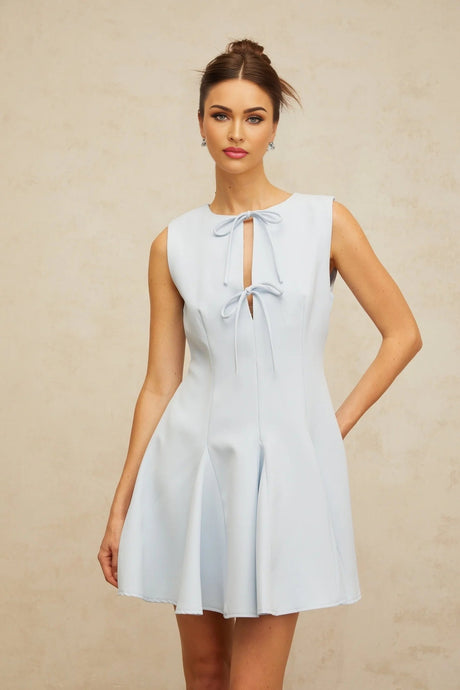 Annalisa Mini Dress Blue Bowknot Godet Design & Cut - Out Detailing