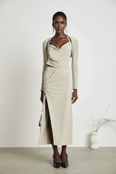 Annalisa Top & Skirt Set - Layered Construction - Cut - Out Design - Adjustable Halter Strap - Side Slit - Gathered Effect