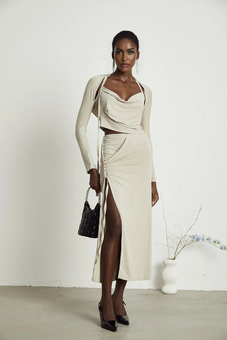 Annalisa Top & Skirt Set - Layered Construction - Cut - Out Design - Adjustable Halter Strap - Side Slit - Gathered Effect