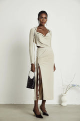 Annalisa Top & Skirt Set - Layered Construction - Cut - Out Design - Adjustable Halter Strap - Side Slit - Gathered Effect