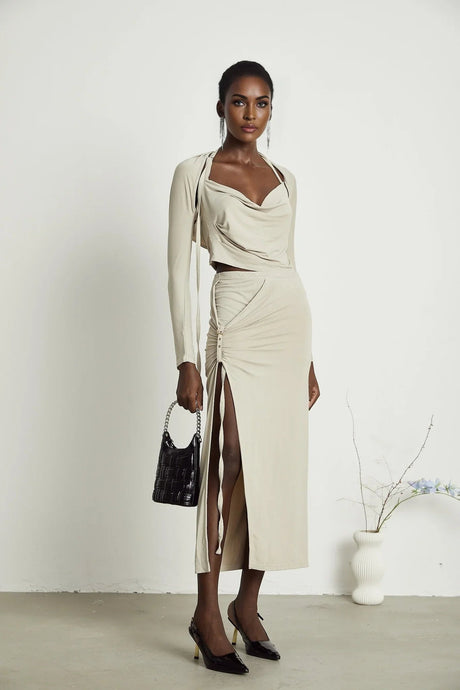 Annalisa Top & Skirt Set - Layered Construction - Cut - Out Design - Adjustable Halter Strap - Side Slit - Gathered Effect