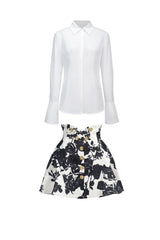 Annalisa White Long Sleeve Shirt and Floral Print Flared Skirt Two-Piece Set
