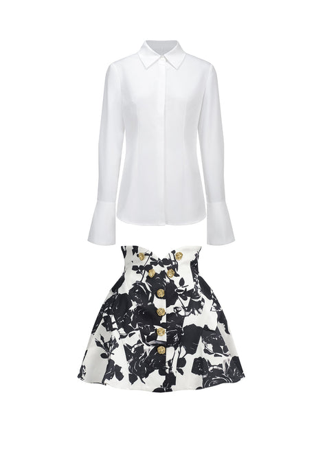 Annalisa White Long Sleeve Shirt and Floral Print Flared Skirt Two-Piece Set