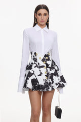 Annalisa White Long Sleeve Shirt and Floral Print Flared Skirt Two-Piece Set