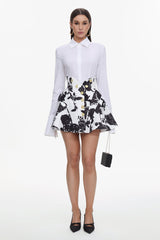 Annalisa White Long Sleeve Shirt and Floral Print Flared Skirt Two-Piece Dress