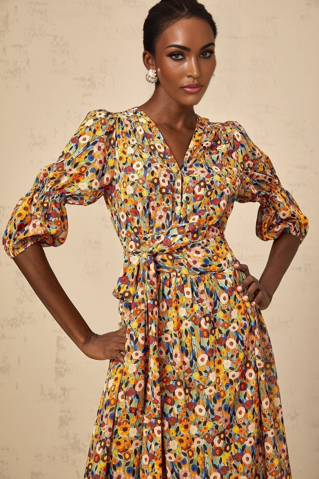 Annamaria Floral Midi Dress - V - Neck Design - Three - Quarter Sleeves - Cinched Waist Detail - Rear Zip Fastening