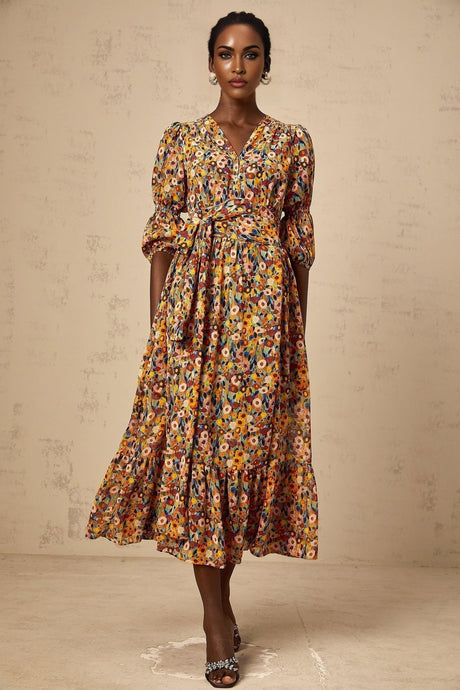 Annamaria Floral Midi Dress - V - Neck Design - Three - Quarter Sleeves - Cinched Waist Detail - Rear Zip Fastening