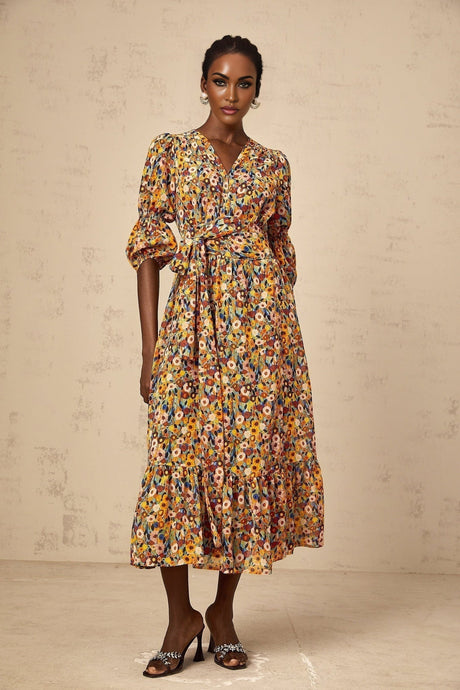 Annamaria Floral Midi Dress - V - Neck Design - Three - Quarter Sleeves - Cinched Waist Detail - Rear Zip Fastening