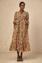 Annamaria Floral Midi Dress - V - Neck Design - Three - Quarter Sleeves - Cinched Waist Detail - Rear Zip Fastening