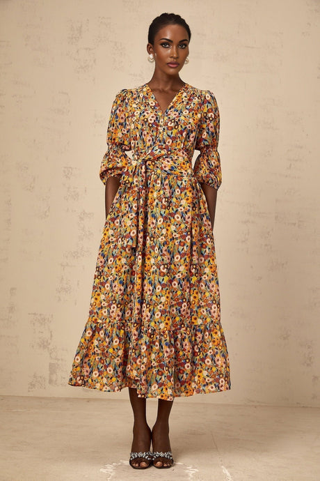 Annamaria Floral Midi Dress - V - Neck Design - Three - Quarter Sleeves - Cinched Waist Detail - Rear Zip Fastening
