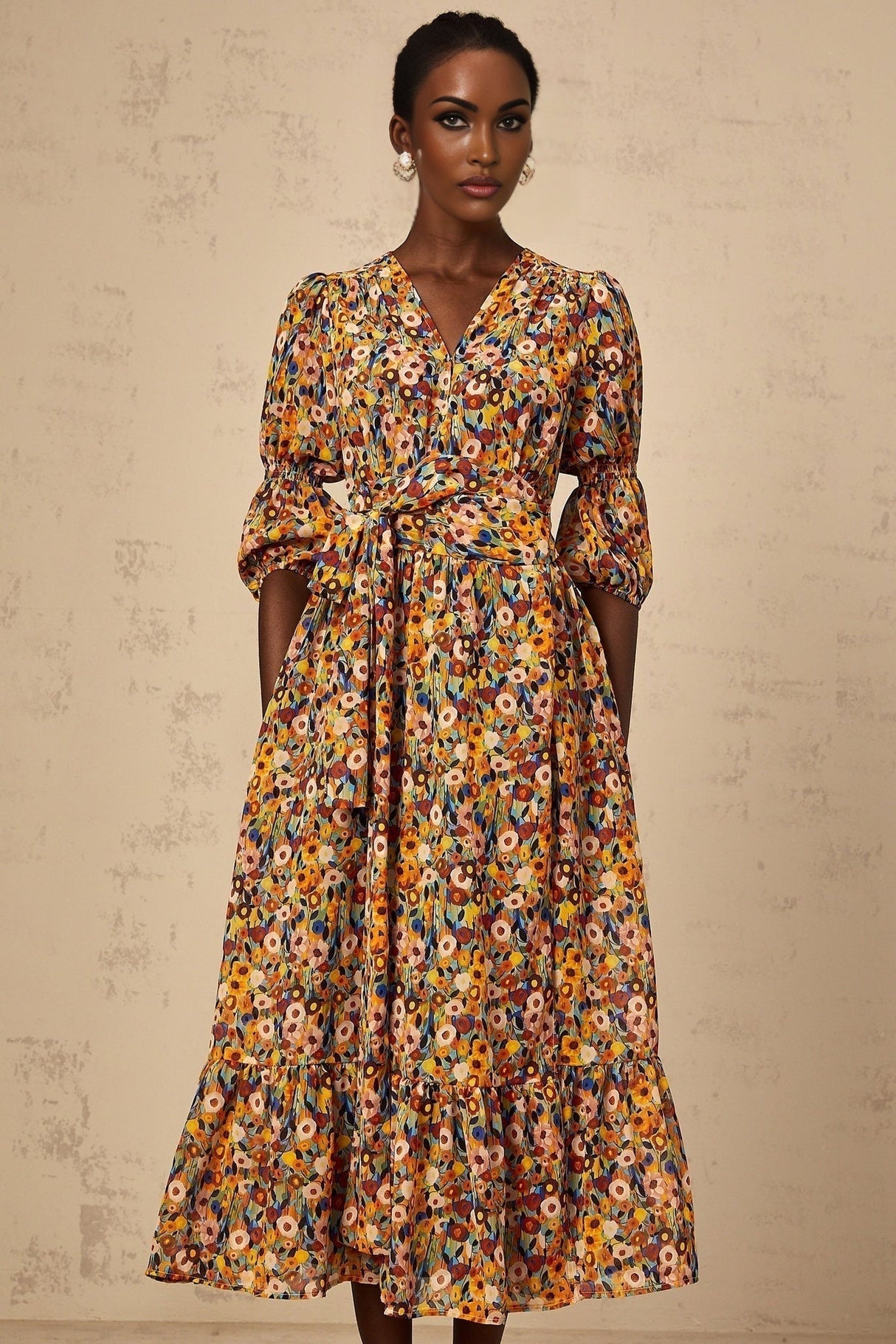 Annamaria Floral Midi Dress - V - Neck Design - Three - Quarter Sleeves - Cinched Waist Detail - Rear Zip Fastening