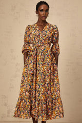 Annamaria Floral Midi Dress - V - Neck Design - Three - Quarter Sleeves - Cinched Waist Detail - Rear Zip Fastening