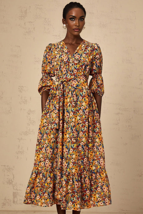 Annamaria Floral Midi Dress - V - Neck Design - Three - Quarter Sleeves - Cinched Waist Detail - Rear Zip Fastening