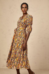 Annamaria Floral Midi Dress - V - Neck Design - Three - Quarter Sleeves - Cinched Waist Detail - Rear Zip Fastening