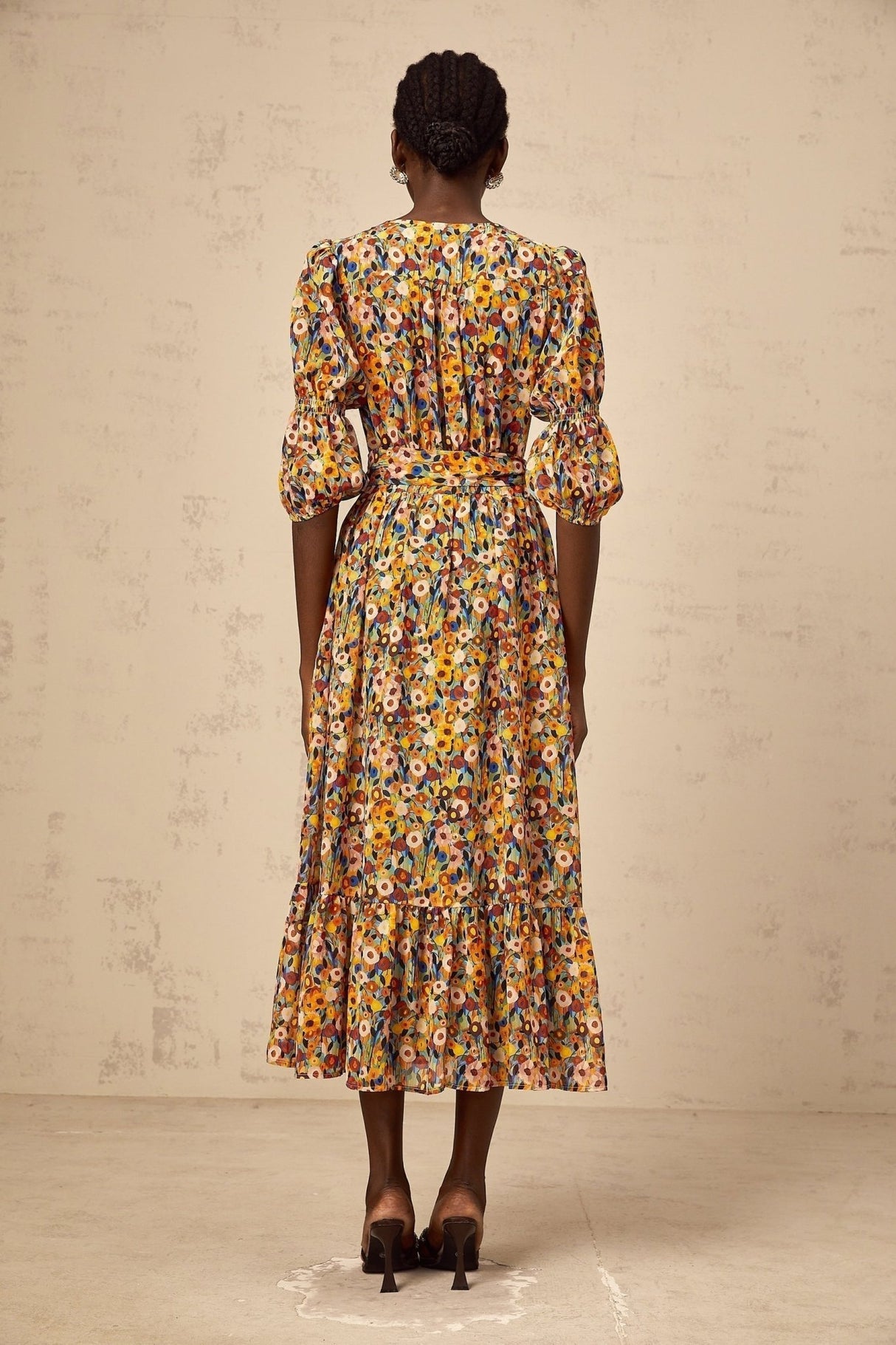 Annamaria Floral Midi Dress - V - Neck Design - Three - Quarter Sleeves - Cinched Waist Detail - Rear Zip Fastening
