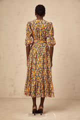 Annamaria Floral Midi Dress - V - Neck Design - Three - Quarter Sleeves - Cinched Waist Detail - Rear Zip Fastening