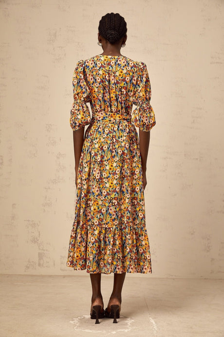 Annamaria Floral Midi Dress - V - Neck Design - Three - Quarter Sleeves - Cinched Waist Detail - Rear Zip Fastening