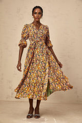 Annamaria Floral Midi Dress - V - Neck Design - Three - Quarter Sleeves - Cinched Waist Detail - Rear Zip Fastening