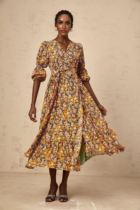 Annamaria Floral Midi Dress - V - Neck Design - Three - Quarter Sleeves - Cinched Waist Detail - Rear Zip Fastening