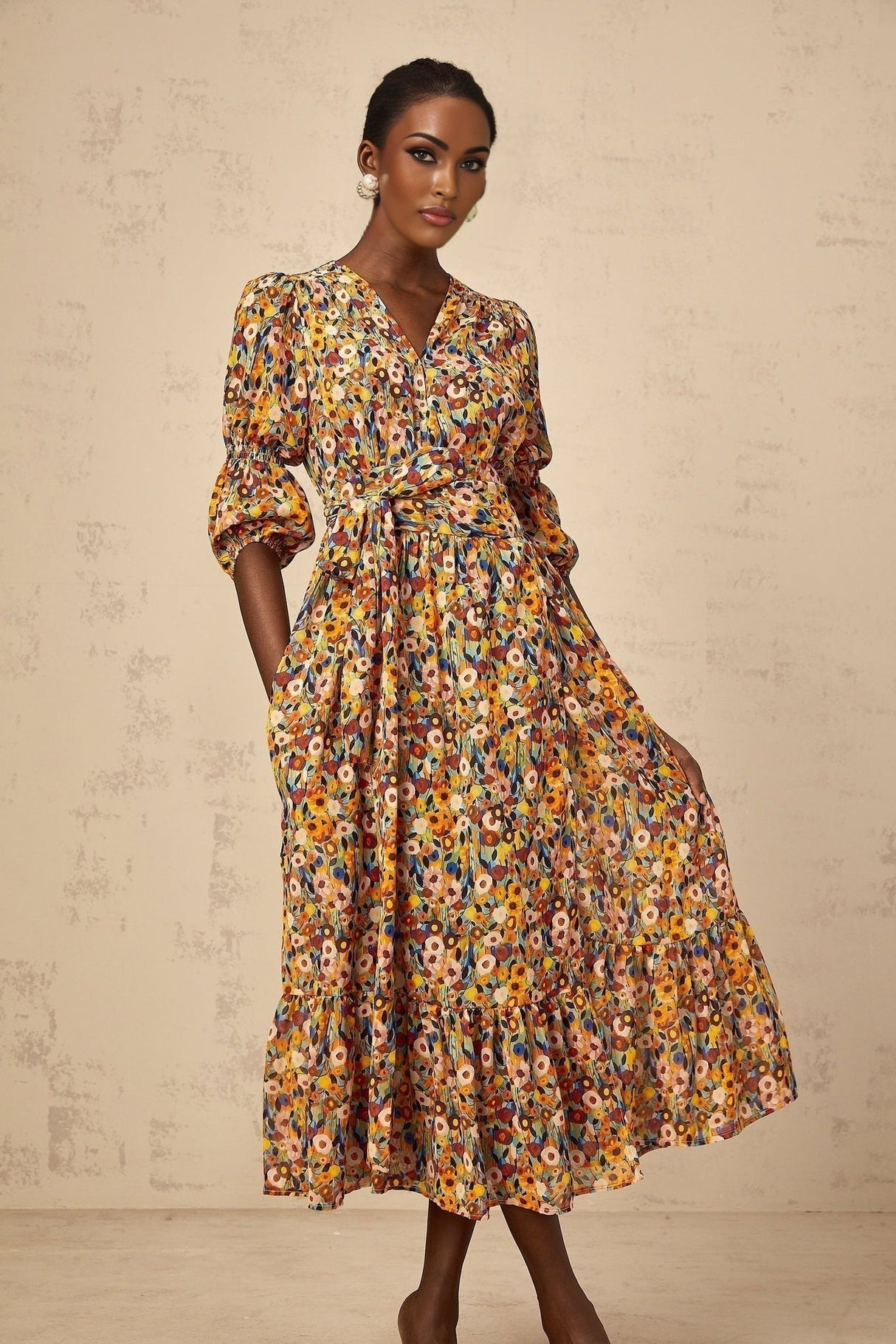 Annamaria Floral Midi Dress - V - Neck Design - Three - Quarter Sleeves - Cinched Waist Detail - Rear Zip Fastening