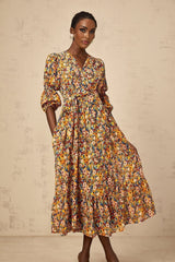 Annamaria Floral Midi Dress - V - Neck Design - Three - Quarter Sleeves - Cinched Waist Detail - Rear Zip Fastening