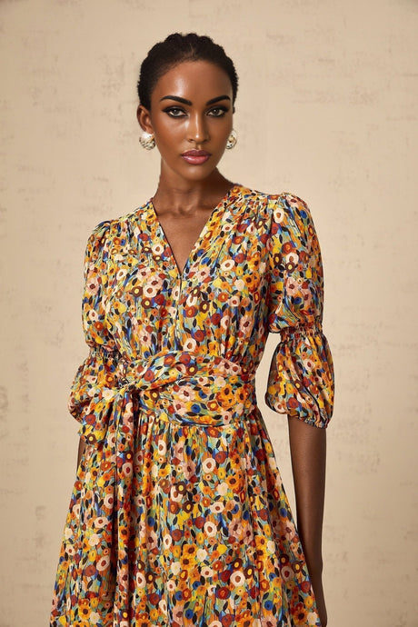 Annamaria Floral Midi Dress - V - Neck Design - Three - Quarter Sleeves - Cinched Waist Detail - Rear Zip Fastening