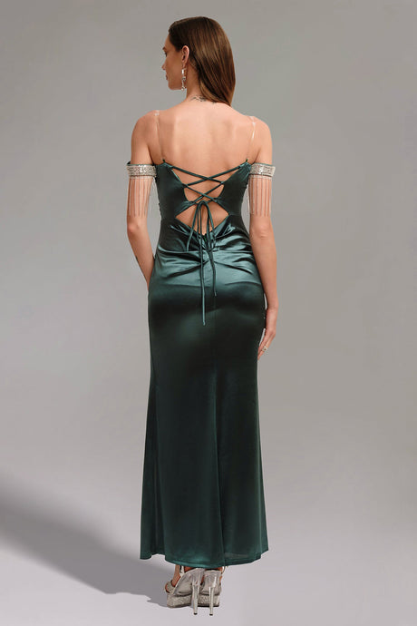 Annamaria Green Sequin Fringe Off-Shoulder Ruched Slit Evening Dress