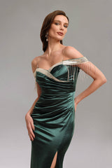 Annamaria Green Sequin Fringe Off-Shoulder Dress