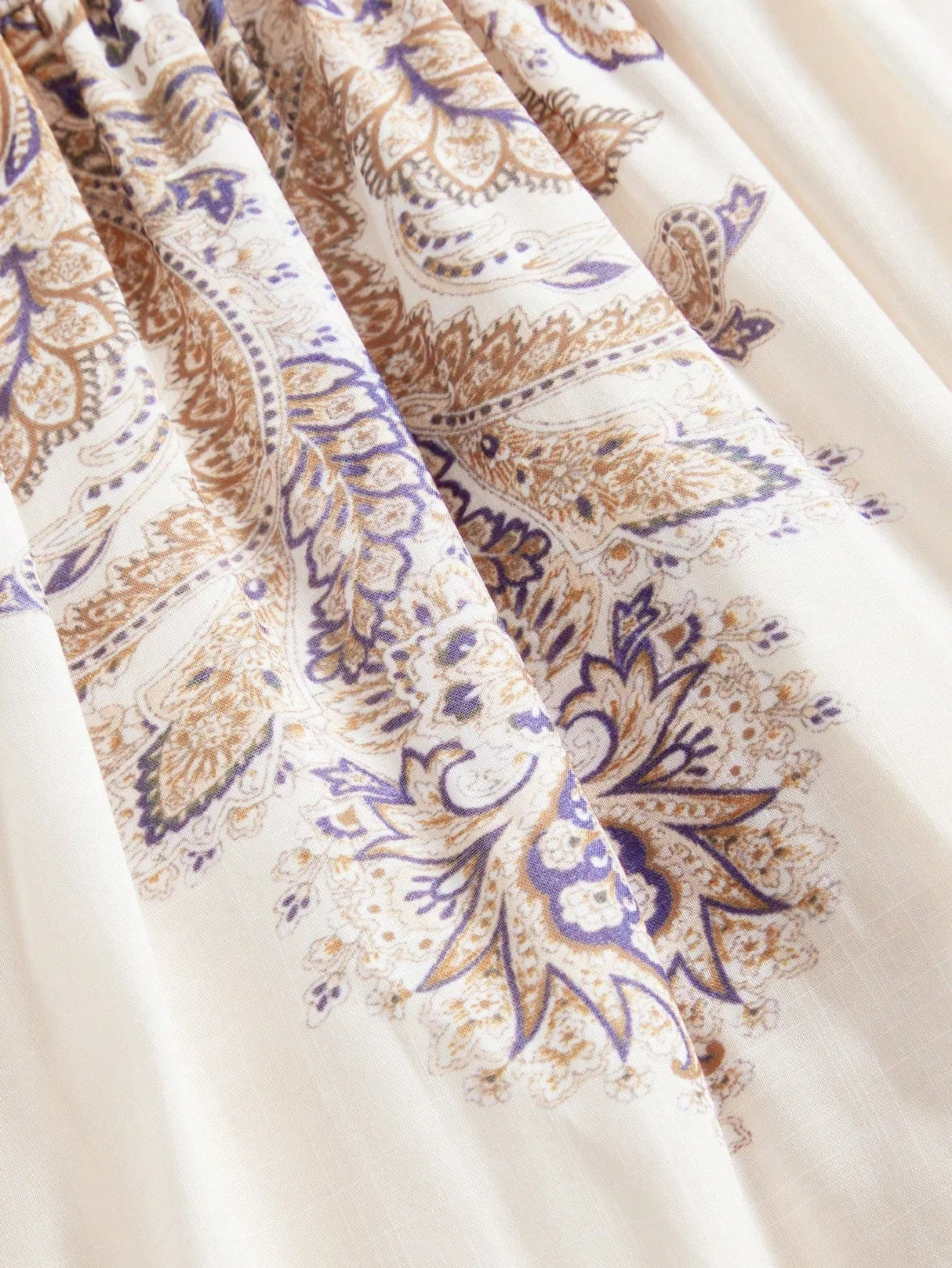 Annamaria Midi Dress - Spaghetti Strap - Flared Hem - High Waist - Contrast Lace - Paisley & Plants