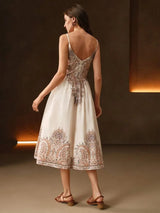 Annamaria Midi Dress - Spaghetti Strap - Flared Hem - High Waist - Contrast Lace - Paisley & Plants