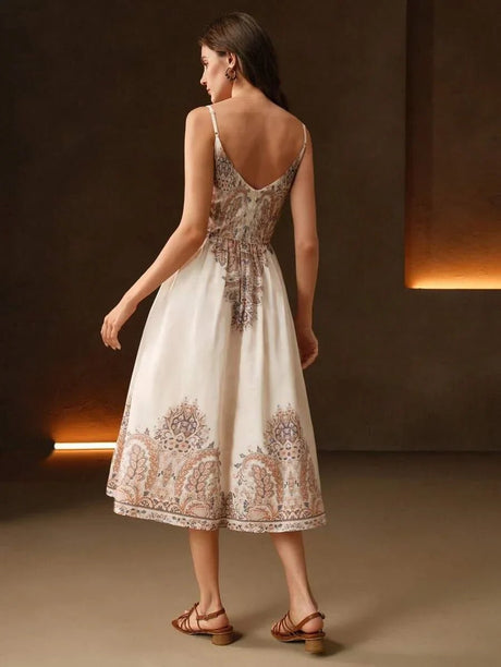 Annamaria Midi Dress - Spaghetti Strap - Flared Hem - High Waist - Contrast Lace - Paisley & Plants