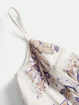 Annamaria Midi Dress - Spaghetti Strap - Flared Hem - High Waist - Contrast Lace - Paisley & Plants