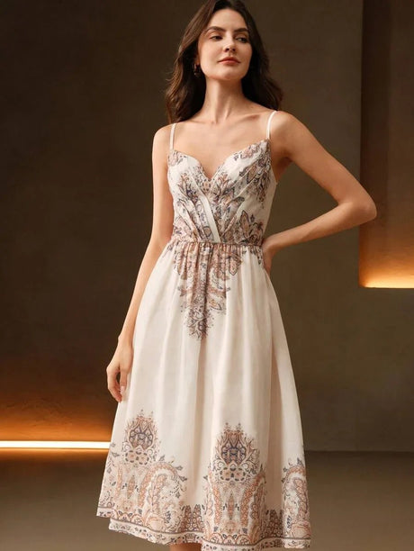 Annamaria Midi Dress - Spaghetti Strap - Flared Hem - High Waist - Contrast Lace - Paisley & Plants