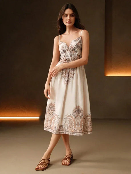 Annamaria Midi Dress - Spaghetti Strap - Flared Hem - High Waist - Contrast Lace - Paisley & Plants