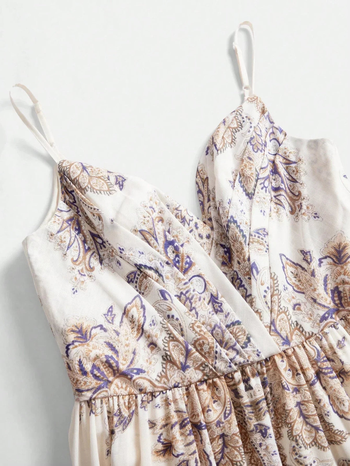Annamaria Midi Dress - Spaghetti Strap - Flared Hem - High Waist - Contrast Lace - Paisley & Plants