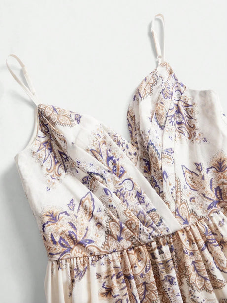 Annamaria Midi Dress - Spaghetti Strap - Flared Hem - High Waist - Contrast Lace - Paisley & Plants