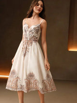 Annamaria Midi Dress - Spaghetti Strap - Flared Hem - High Waist - Contrast Lace - Paisley & Plants