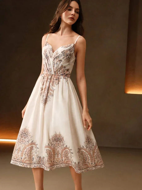 Annamaria Midi Dress - Spaghetti Strap - Flared Hem - High Waist - Contrast Lace - Paisley & Plants