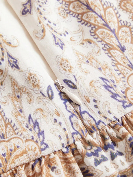 Annamaria Midi Dress - Spaghetti Strap - Flared Hem - High Waist - Contrast Lace - Paisley & Plants