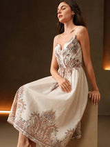 Annamaria Midi Dress - Spaghetti Strap - Flared Hem - High Waist - Contrast Lace - Paisley & Plants