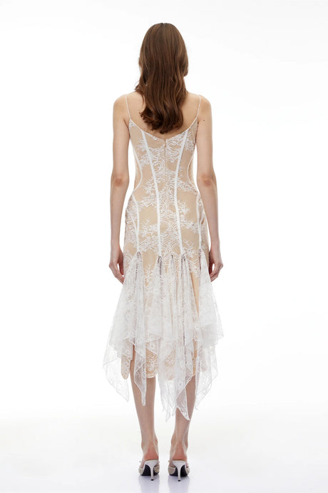 Annelise White Floral Lace Asymmetrical Midi Dress