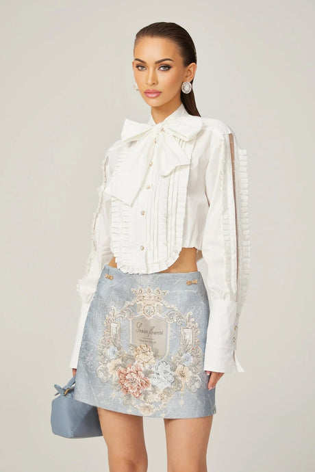 Annetta Embroidered Skirt - Crystal Embellishment - Straight Hem - Rear Zip Fastening - Thigh Length