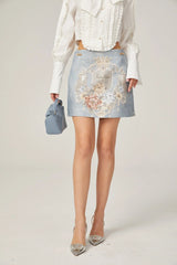 Annetta Embroidered Skirt - Crystal Embellishment - Straight Hem - Rear Zip Fastening - Thigh Length