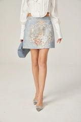 Annetta Embroidered Skirt - Crystal Embellishment - Straight Hem - Rear Zip Fastening - Thigh Length