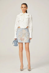 Annetta Embroidered Skirt - Crystal Embellishment - Straight Hem - Rear Zip Fastening - Thigh Length