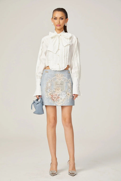 Annetta Embroidered Skirt - Crystal Embellishment - Straight Hem - Rear Zip Fastening - Thigh Length