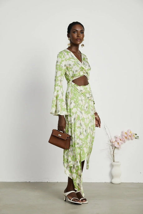 Annetta Floral Midi Dress - Long Sleeves - V - Neckline - Crystal Embellishments - Front Slit