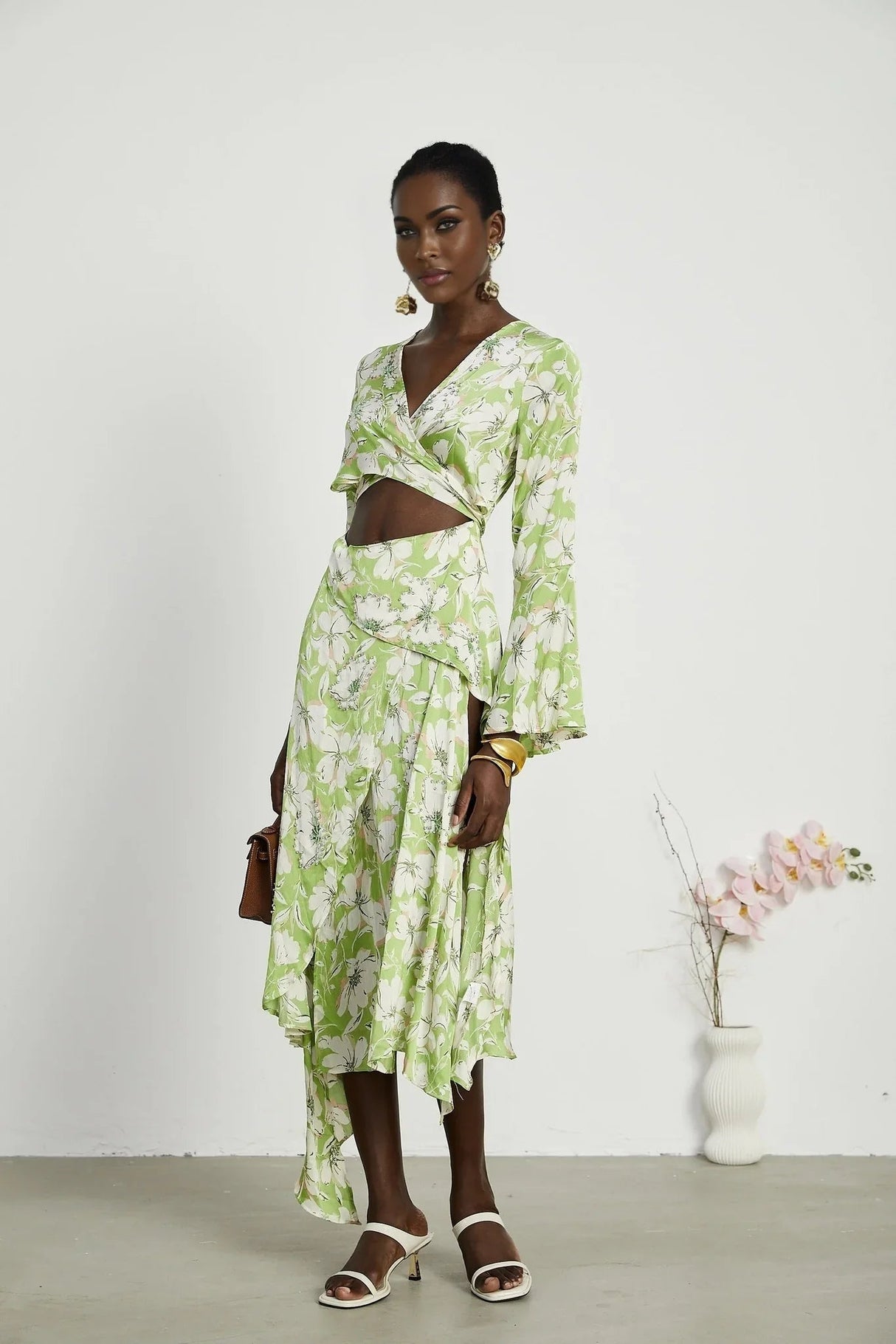 Annetta Floral Midi Dress - Long Sleeves - V - Neckline - Crystal Embellishments - Front Slit