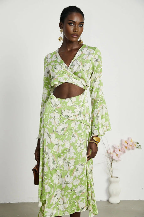 Annetta Floral Midi Dress - Long Sleeves - V - Neckline - Crystal Embellishments - Front Slit