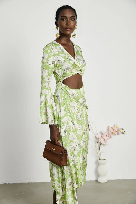 Annetta Floral Midi Dress - Long Sleeves - V - Neckline - Crystal Embellishments - Front Slit